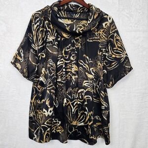 Anne Klein Women Black Gold Silk Animal Print Cowl Neck Blouse Top Plus Size 0X